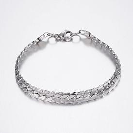 304 Stainless Steel Curb Chain Bracelets, Textured, with Lobster Clasps