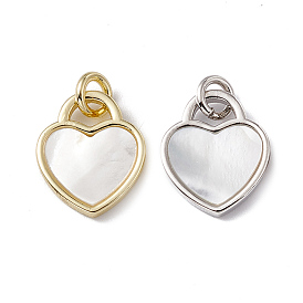 Natural White Shell Heart Charms, with Rack Plating Brass Findings, Cadmium Free & Lead Free