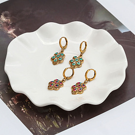 Alloy Enamel Hoop Earrings for Women, Feather, Golden