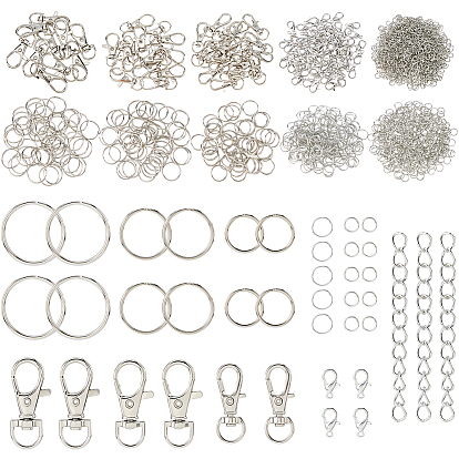 115Pcs 4 Styles Alloy Swivel Lobster Claw Clasps, 60Pcs Iron Ends with Twist Chains, 600Pcs 2 Styles Iron Open Jump Rings, 150Pcs 3 Style Iron Split Key Rings