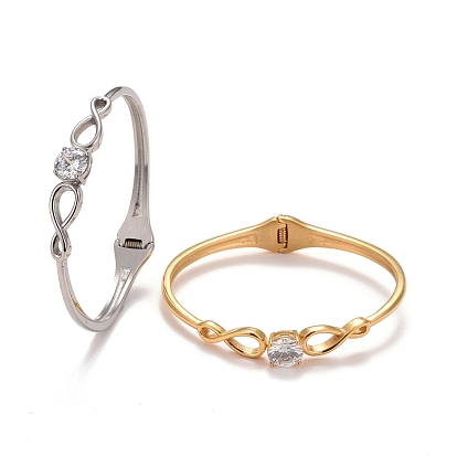 Clear Cubic Zirconia Infinity Cuff Bangle, 304 Stainless Steel Hinged Open Bangle for Women, Ion Plating(IP)