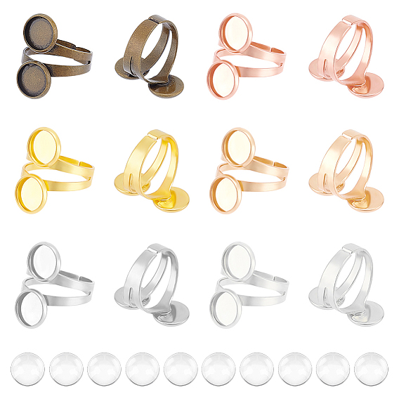 DIY Blank Dome Finger Ring Making Kit, Including Brass Cuff Finger Rings Components with Double Flat Round Settings, Glass Cabochons