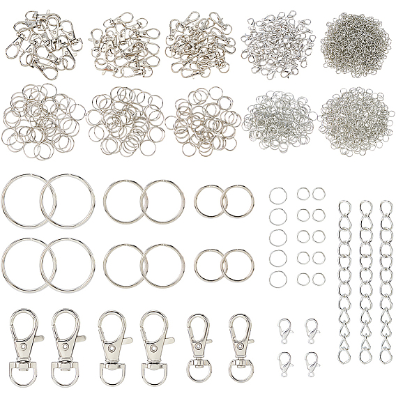 115Pcs 4 Styles Alloy Swivel Lobster Claw Clasps, 60Pcs Iron Ends with Twist Chains, 600Pcs 2 Styles Iron Open Jump Rings, 150Pcs 3 Style Iron Split Key Rings