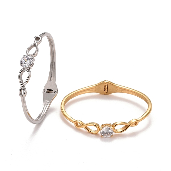 Clear Cubic Zirconia Infinity Cuff Bangle, 304 Stainless Steel Hinged Open Bangle for Women, Ion Plating(IP)