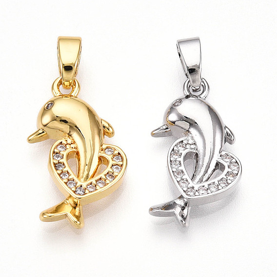 Латунные микро проложить кубического циркония подвески, без кадмия и без свинца, дельфин с сердечками