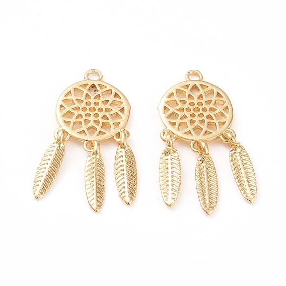 Brass Pendants, Long-Lasting Plated, Woven Net/Web with Feather