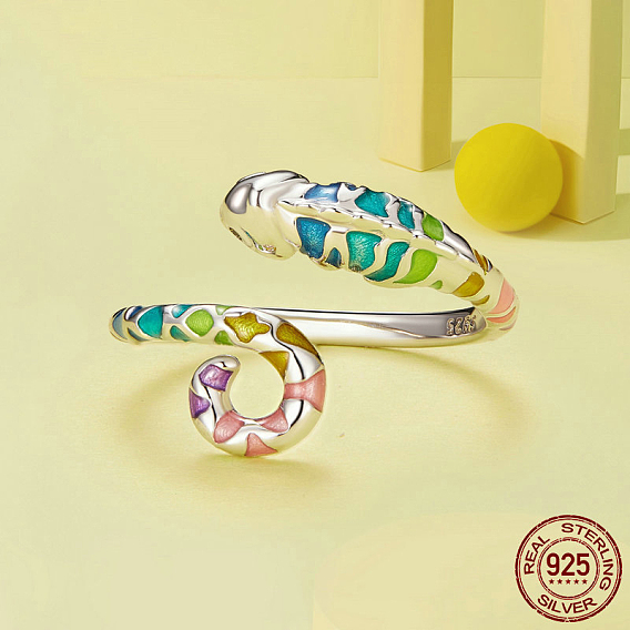 925 Кольца-манжеты из стерлингового серебра с кубическим цирконием и эмалью, хамелеон