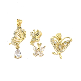 Butterfly Rack Plating Brass Micro Pave Cubic Zirconia Pendants, Long-Lasting Plated, Lead Free & Cadmium Free