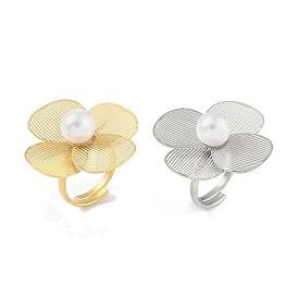 Flower 304 Stainless Steel Adjustable Rings for Women, with ABS Plastic Imitation Pearl