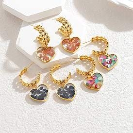 День святого Валентина 304 Серьги-гвоздики из нержавеющей стали и эпоксидной смолы, С камнями, сердце, золотые