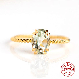 925 Sterling Silver Green Ghost Crystal Twisted Adjustable Ring with Diamond Vintage European and American Style