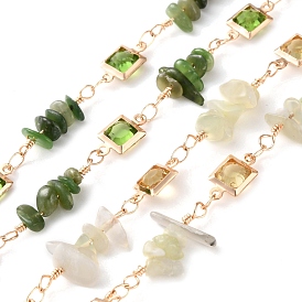 Квадратные звенья латунных стеклянных цепей ручной работы, с натуральными бусинами из драгоценных камней для изготовления ожерелий и браслетов, долговечный, пайки, с катушкой, золотые