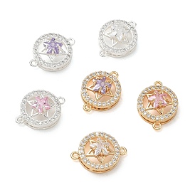 Brass Micro Pave Clear Cubic Zirconia Connector Charms, Flat Round with Star Links