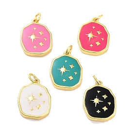 Real 18K Gold Plated Rack Plating Brass Enamel Pendants, with Jump Ring, Long-Lasting Plated, Lead Free & Cadmium Free, Irregular Flat Round with Star Charm