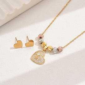 Fashionable Stainless Steel Heart Stud Earrings & Necklace Set, Simple and Elegant