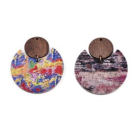 Imitation Leather & Wood Pendants, Flat Round with Moon Charms