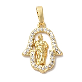 Brass Micro Pave Cubic Zirconia Pendants, Long-Lasting Plated, Cadmium Free & Lead Free, Hanmsa Hand with Jesus