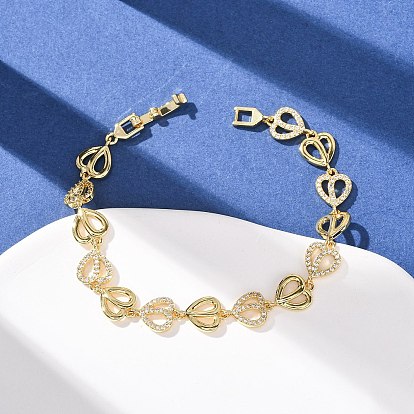 Браслеты-цепочки из латуни с микропаве из прозрачных кубических цирконий в форме сердца для женщин, долгоиграющий, гальваническое покрытие стеллажа, без свинца и без кадмия