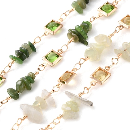 Квадратные звенья латунных стеклянных цепей ручной работы, с натуральными бусинами из драгоценных камней для изготовления ожерелий и браслетов, долговечный, пайки, с катушкой, золотые