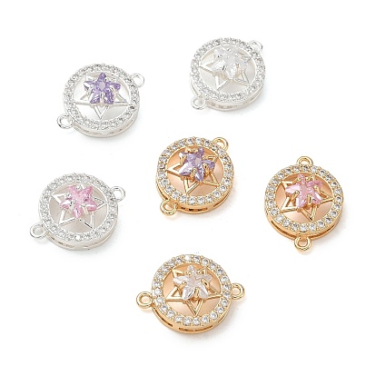 Brass Micro Pave Clear Cubic Zirconia Connector Charms, Flat Round with Star Links