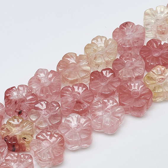 Carved Cherry Quartz Glass Beads Strands, Plum Blossom