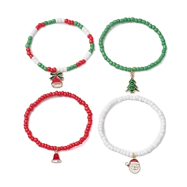 4Pcs 4 Styles Christmas Round Glass Seed Beaded Stretch Bracelet Sets, Santa Claus & Christmas Tree Alloy Charm Stackable Bracelets for Women Men