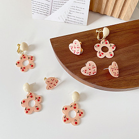 Girl Cherry Heart Silver Needle Stud Earrings Acrylic Flower Earrings Short Ear Clip Pendant Without Pierced Ears