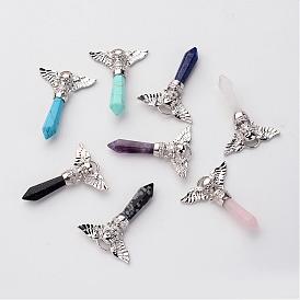 Brass Gemstone Pendants, Bullet with Skull & Wing, Platinum, Pointed Pendant, 48~50x36x8mm, Hole: 3mm