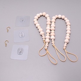 Round Natural Wood Beads Curtain Hanging Decorations, with Imitation Leather Cord and Hooks, Nails