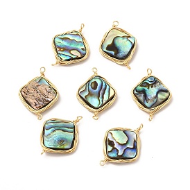 Natural Paua Shell Connector Charms, Rhombus Links, with Brass Wire Wrapped