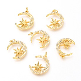 Brass Micro Pave Clear Cubic Zirconia Pendants, with Jump Rings, Moon with Star