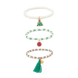 3 piezas 3 conjunto de pulseras elásticas de semillas de vidrio estilo, pulseras de árbol de navidad y campana y borla para mujer