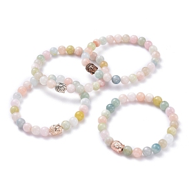 Bracelet extensible en perles rondes de morganite naturelle pour adolescente femme, bracelet de perles d'alliage de tête de bouddha