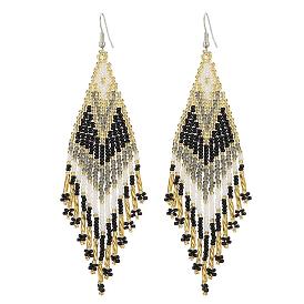 Fashionable Tassel Dangle Earrings, with Geometric Glass Beads, Perfect for Daily Wear, Platinum