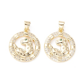 Brass Micro Pave Clear Cubic Zirconia Pendants, Long-Lasting Plated, Cadmium Free & Lead Free, Flat Round with Leopard