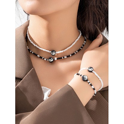Наборы из двойных ожерелий и браслетов из полимерной глины и стеклянных бусин в стиле инь-ян