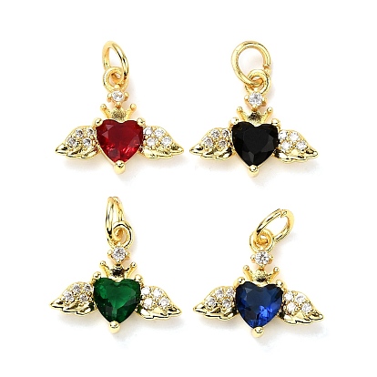 Подвески в форме сердца с крыльями из латуни с микропаве из кубических цирконий, со стеклом, стойки покрытие, долговечный, без кадмия и без свинца, золотые, с целью перехода в кольце