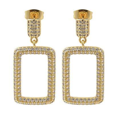 Серьги-гвоздики с прозрачным паве из латуни с кубическим цирконием, полый прямоугольник