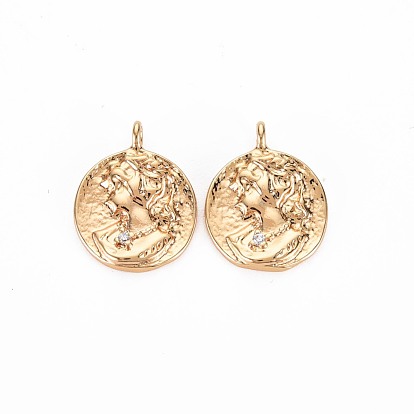 Brass Micro Pave Clear Cubic Zirconia Charms, Nickel Free, Flat Round