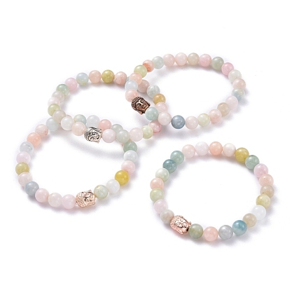 Bracelet extensible en perles rondes de morganite naturelle pour adolescente femme, bracelet de perles d'alliage de tête de bouddha