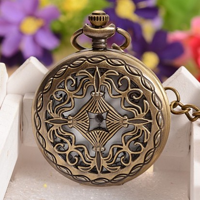 Filigree Flat Round Alloy Pendant Pocket Quartz Watch Necklaces, with Iron Chains, 355mm, Watch: 59x47x14mm, Watch Face: 36mm