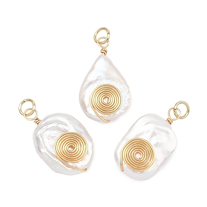 Подвески из натурального барочного жемчуга кеши, обмотанного спиральной медной проволокой., подвески в форме капли, прямоугольника и овала, белые, золотые