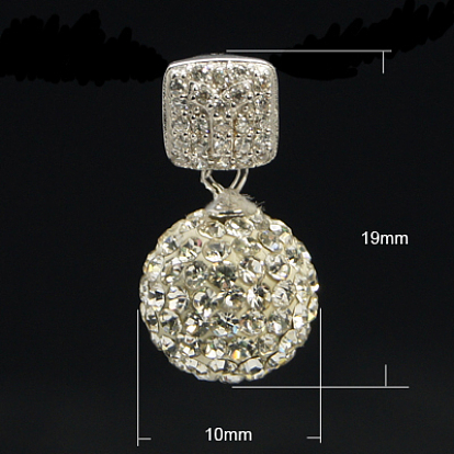 Polymer Clay Pendants, with Rhinestone and 925 Sterling Silver Pendant Findings, Cadmium Free & Lead Free, Round, White, 19x10mm, hole: 4x1mm, beads: 10mm