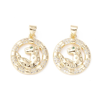 Brass Micro Pave Clear Cubic Zirconia Pendants, Long-Lasting Plated, Cadmium Free & Lead Free, Flat Round with Leopard