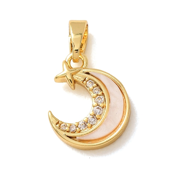 Brass Micro Pave Clear Cubic Zirconia Charms, with Shell, Moon with Star Charms