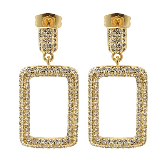 Серьги-гвоздики с прозрачным паве из латуни с кубическим цирконием, полый прямоугольник