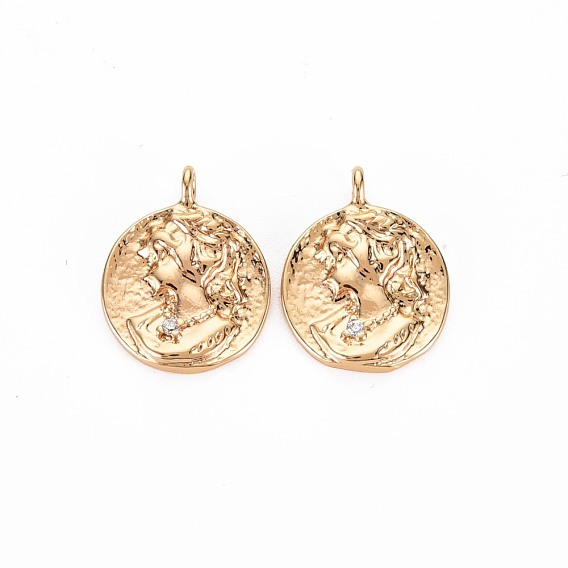 Brass Micro Pave Clear Cubic Zirconia Charms, Nickel Free, Flat Round