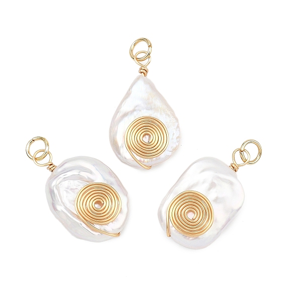 Подвески из натурального барочного жемчуга кеши, обмотанного спиральной медной проволокой., подвески в форме капли, прямоугольника и овала, белые, золотые