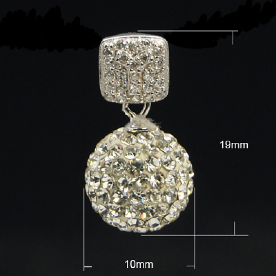 Polymère pendentifs argile, avec strass et 925 pendentifs en argent sterling, sans cadmium et sans plomb, ronde, blanc, 19x10mm, Trou: 4x1mm, perles: 10 mm