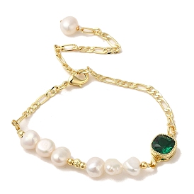 Bracelet à maillons carrés en strass avec perle naturelle, avec des chaînes en laiton